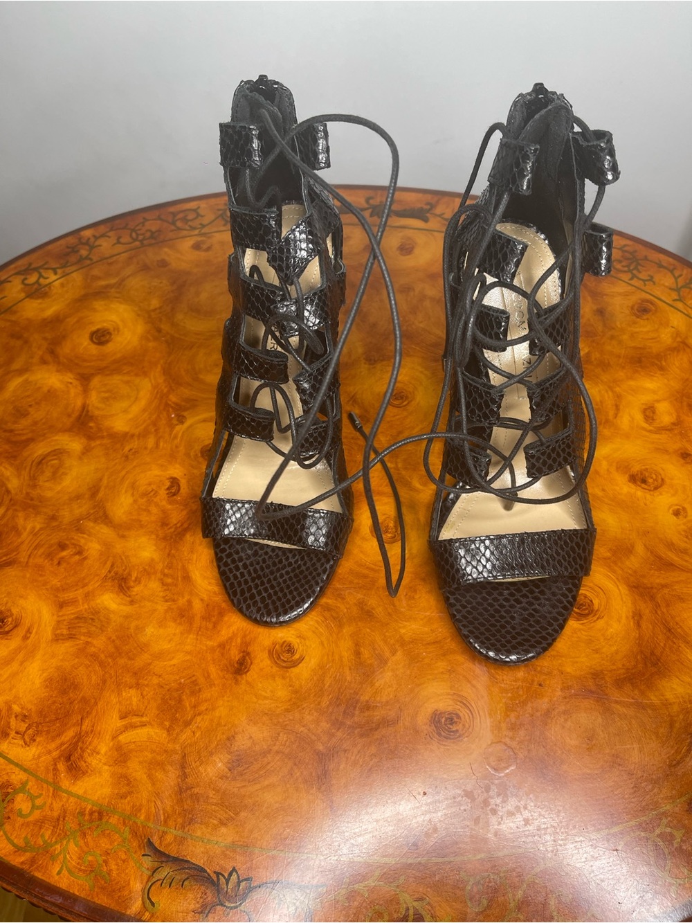 BCBGMaxAzria Black Snake-Texture Lace-Up Heeled Sandals